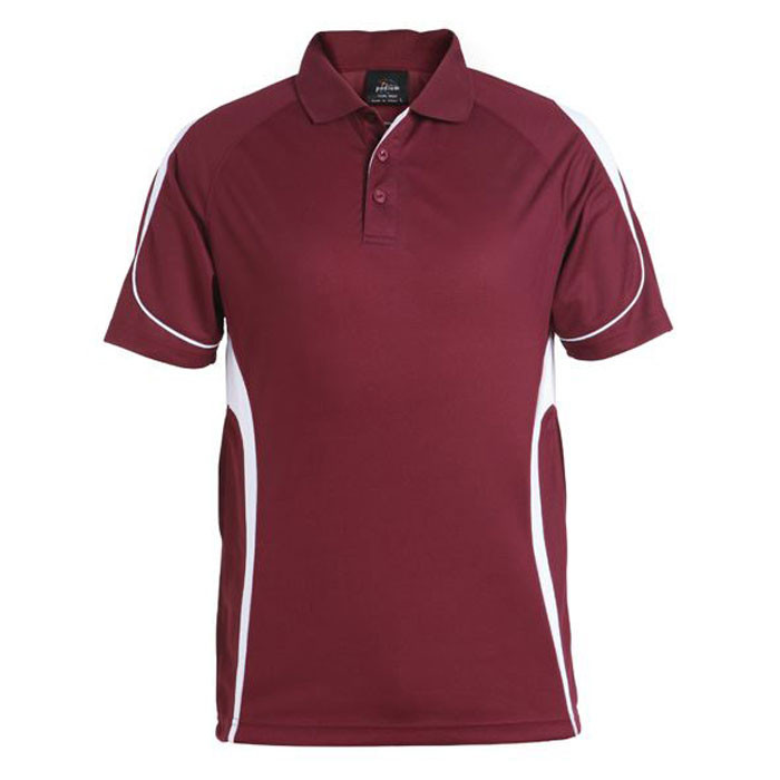 Maroon polo shirt with white contrast side panels and piping detail on sleeves