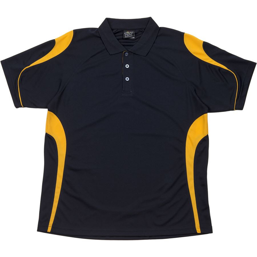 Navy kids polo shirt with gold contrast panels on shoulders and sides, featuring quick-dry fabric and button placket