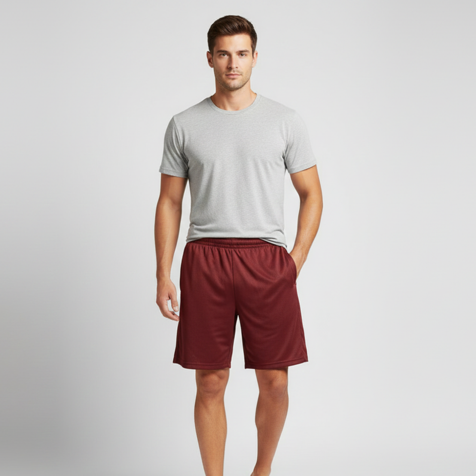 Maroon Kicker Rugby Shorts in durable polyester drill fabric, showcasing the blank design, side pockets, and elastic waist, perfect for team uniforms or custom branding.