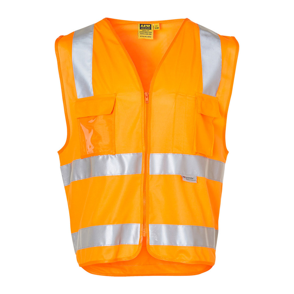 Fluorescent orange hi-vis safety vest with silver 3M reflective tape, front zip, chest pockets and clear ID pocket