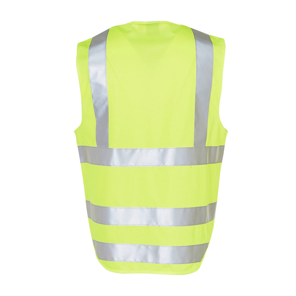 Hi-vis safety vest in fluorescent yellow with horizontal and vertical silver reflective tape and ID pocket