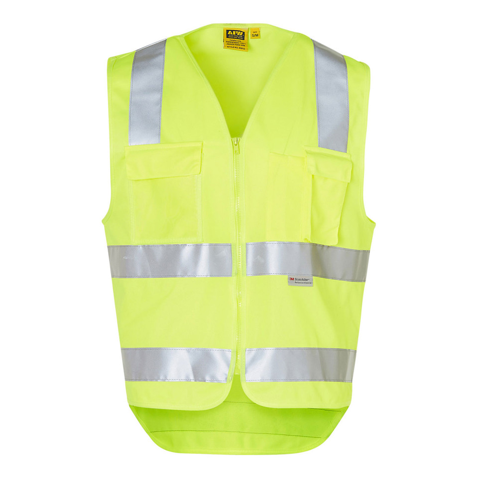 High visibility yellow safety vest with silver 3M reflective tape strips and chest pockets featuring ID pocket holder
