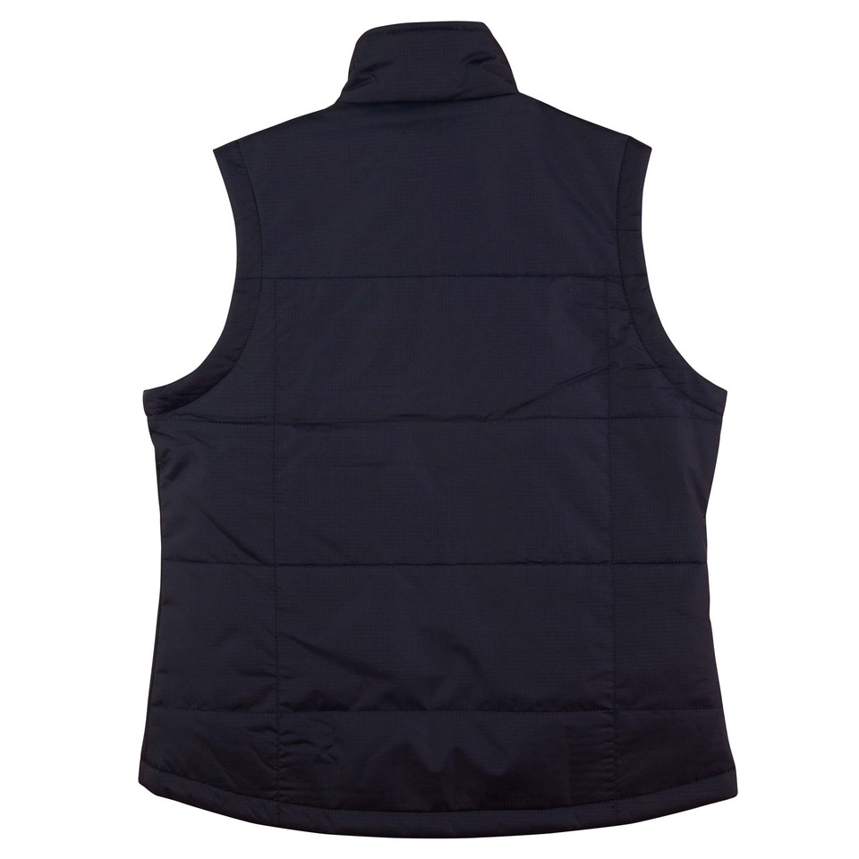 Navy blue padded vest with quilted panels and stand-up collar, back view showing ripstop fabric construction