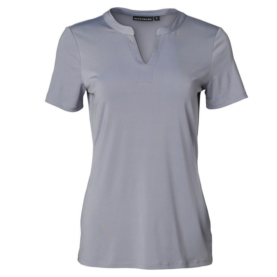 Silver grey women's short sleeve top with split V-neck tab detail and smooth fitted knit fabric