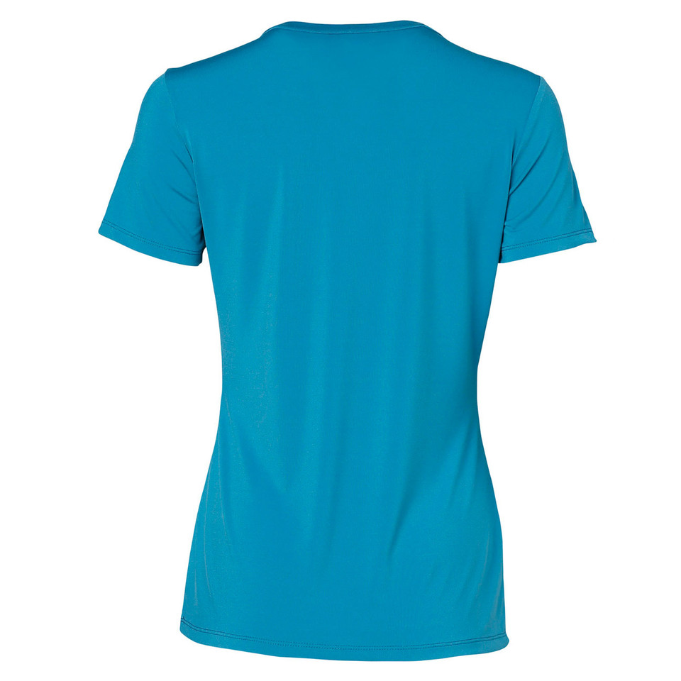 Rear view of a turquoise women's short sleeve v-neck knit top with fitted silhouette and smooth fabric