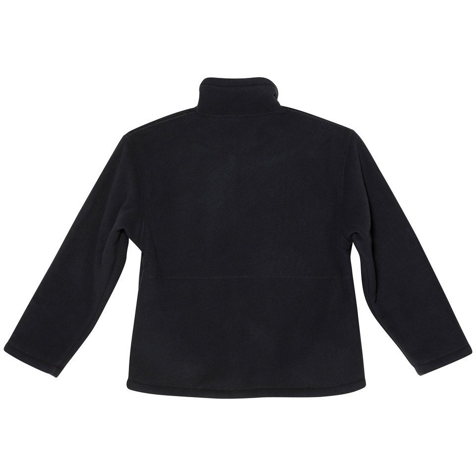 Black polar fleece jacket with high collar and full zip front, back view showing smooth fleece construction