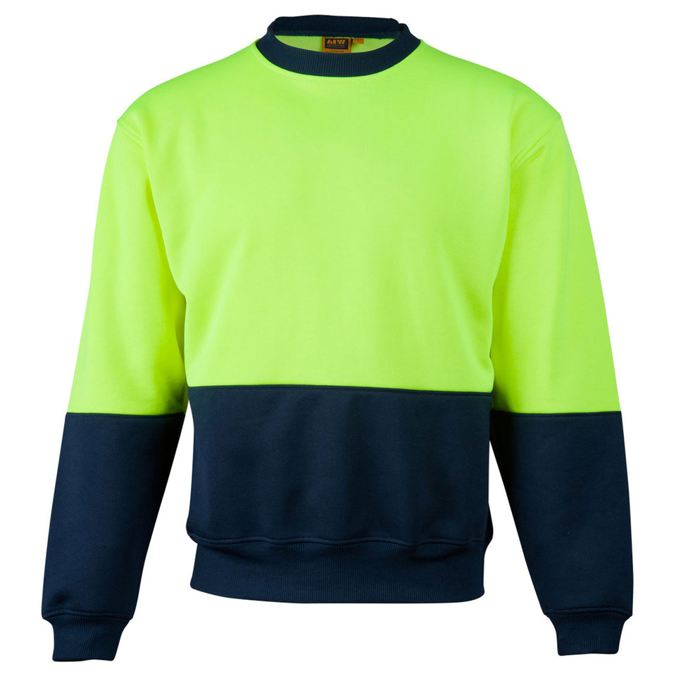Hi-vis yellow and navy two-tone fleece windcheater with contrasting collar and ribbed cuffs