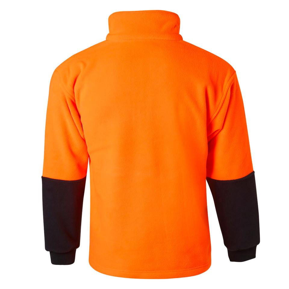 Orange+Navy Hi-Vis Marlin half-zip fleece pullover jumper with reflective tape, heavy-duty stitching, and contrast panels, compliant for site safety and cold-weather workwear.