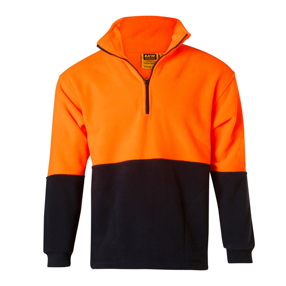 High visibility orange and black fleece pullover with half zip and ribbed collar and cuffs