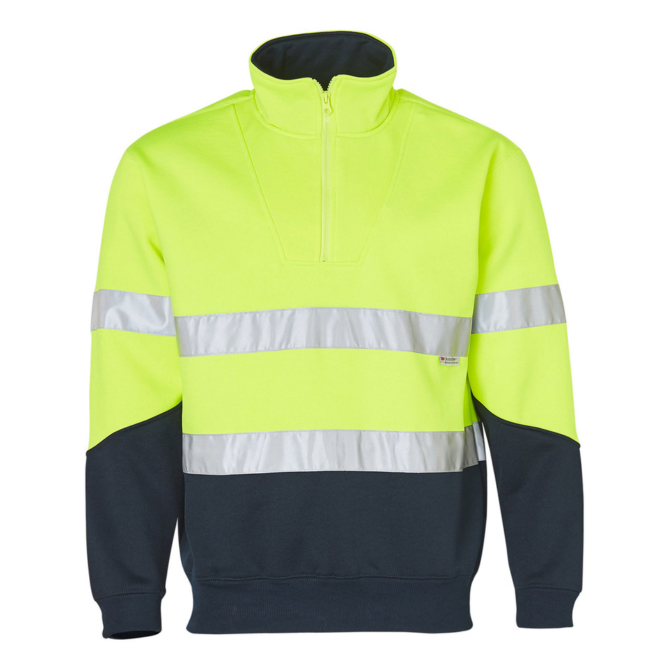 High visibility yellow and navy fleecy sweater with reflective 3M tape stripes and half zip collar