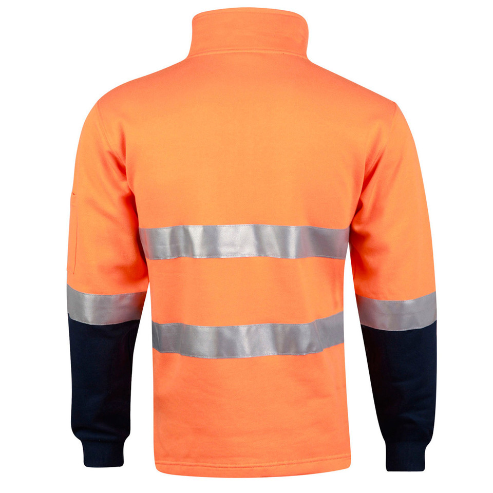 Fluorescent orange hi-vis fleece sweater with silver 3M reflective tape and navy sleeve panels, rear view