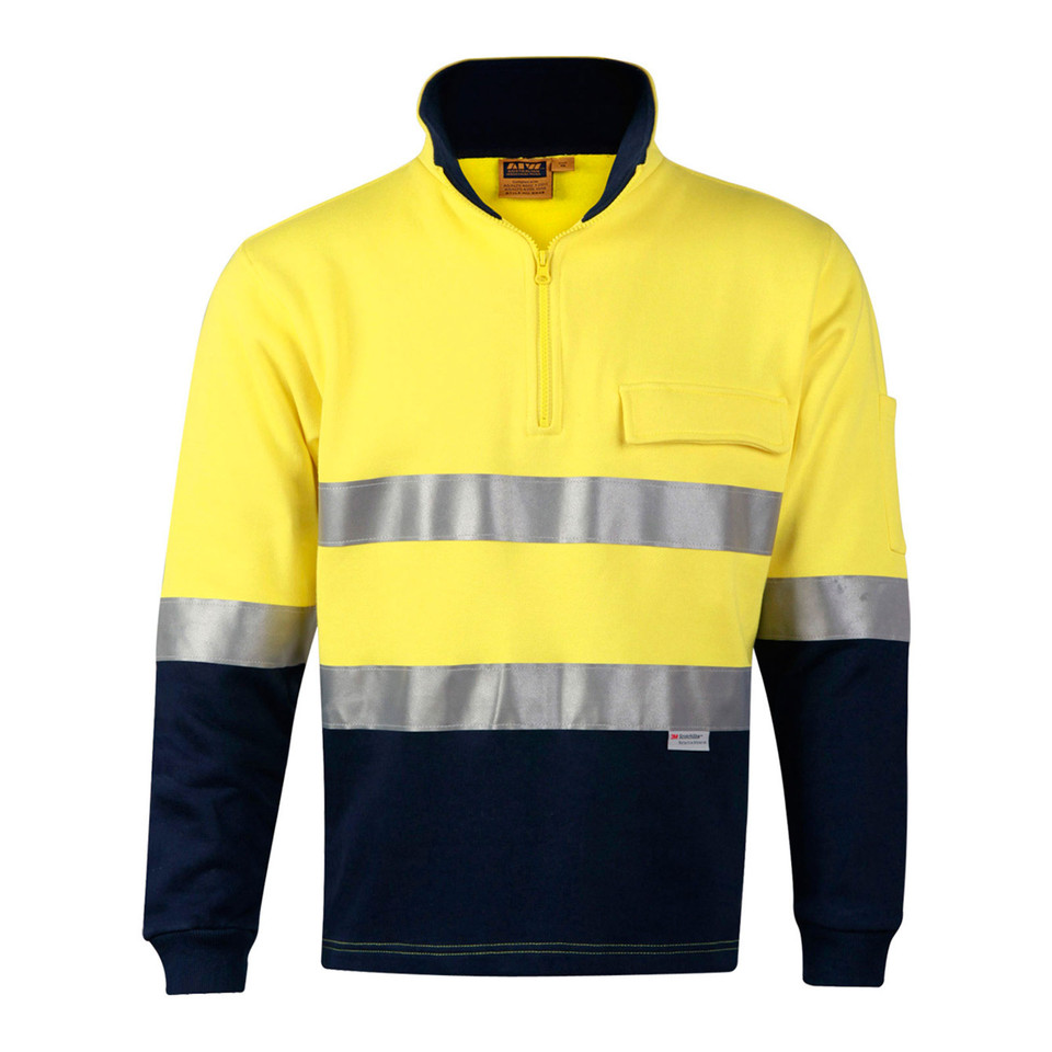 Hi-vis yellow and navy fleece sweater with reflective tape and chest pocket featuring zip neck and contrast collar