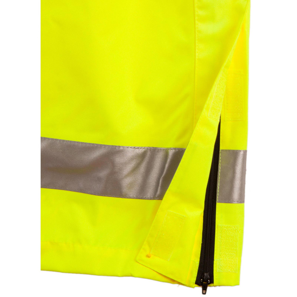 Hi-visibility safety pants in fluorescent yellow with silver reflective 3M tape stripe and side zip detail