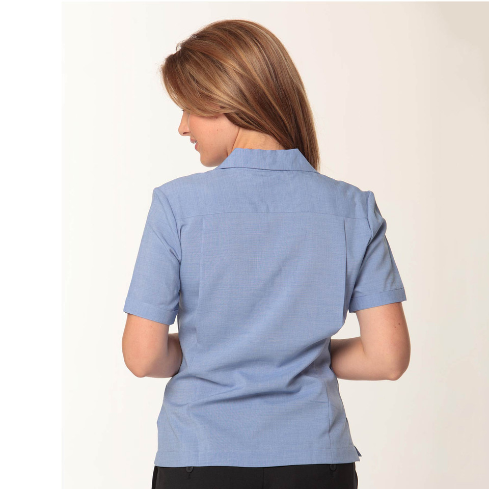 Back view of light blue short sleeve overblouse with mandarin collar and centre back pleat detail