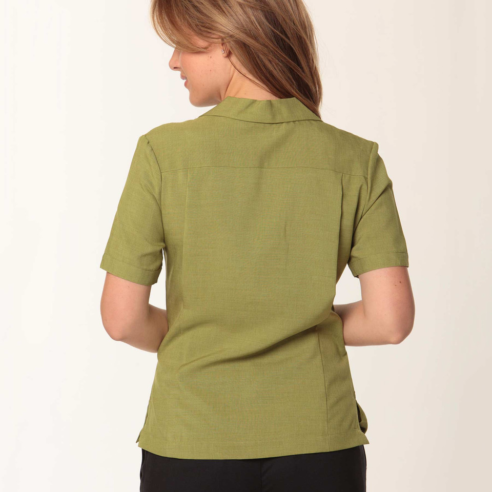 Olive green short sleeve collared overblouse shown from back with visible back yoke and side vents