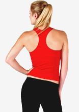 Vibrant red racerback gym singlet with built-in bra support, shown from back view on model with black leggings