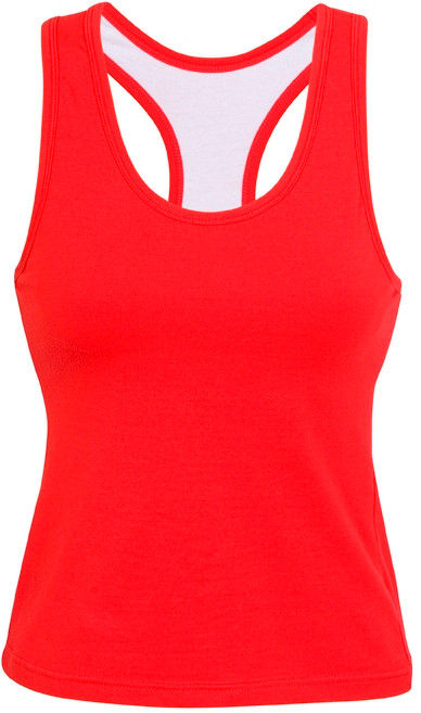 Bright red racerback gym singlet with contrast white inner panel and built-in bra support