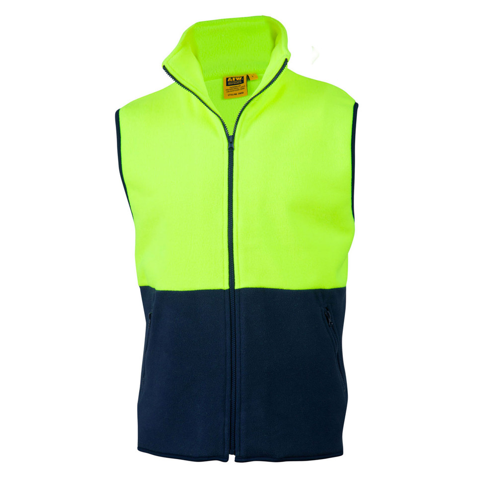 Hi-vis yellow and navy polar fleece vest with full zip closure and chest pocket