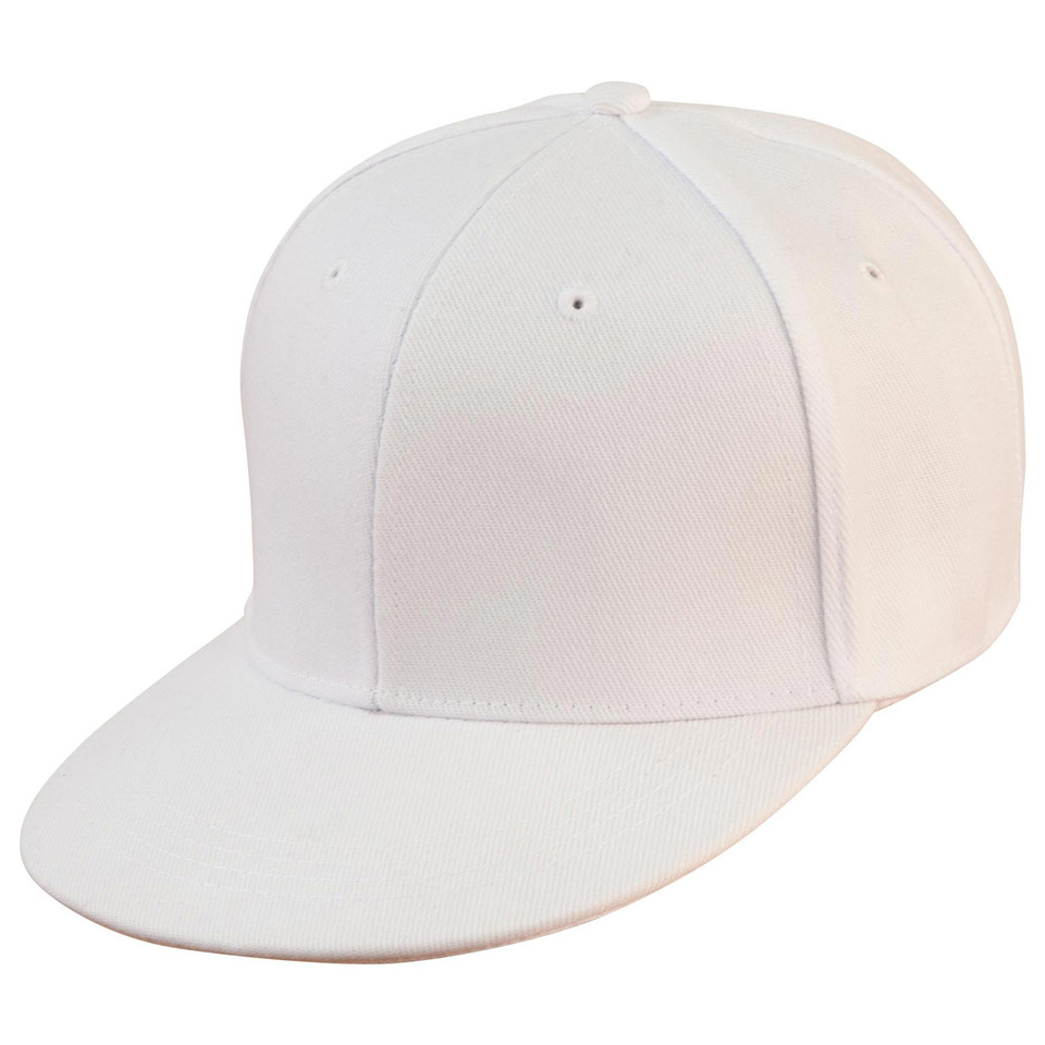 White snapback cap with flat peak and structured six-panel crown