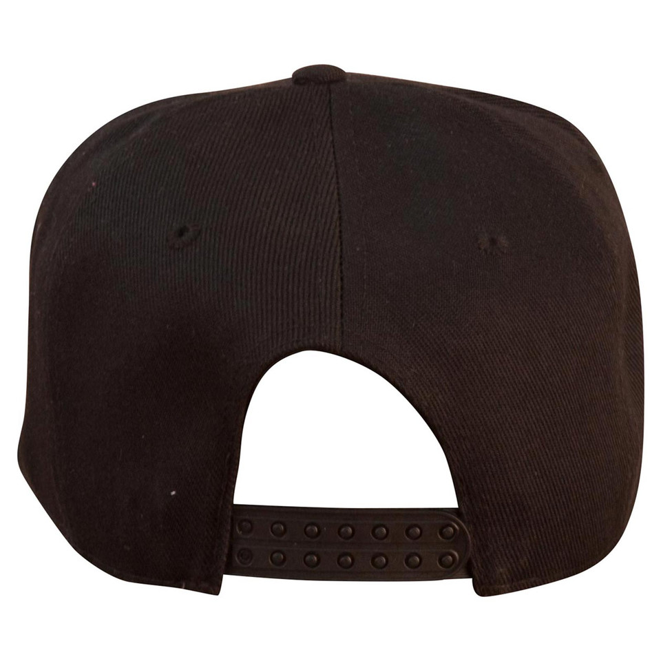 Dark brown snapback cap with six-panel construction and adjustable plastic closure, rear view