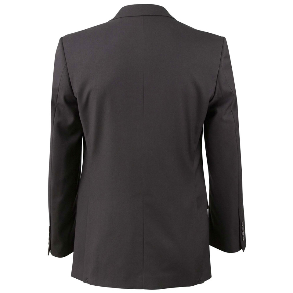 Charcoal grey corporate blazer shown from back with notched collar and long sleeves with button detail
