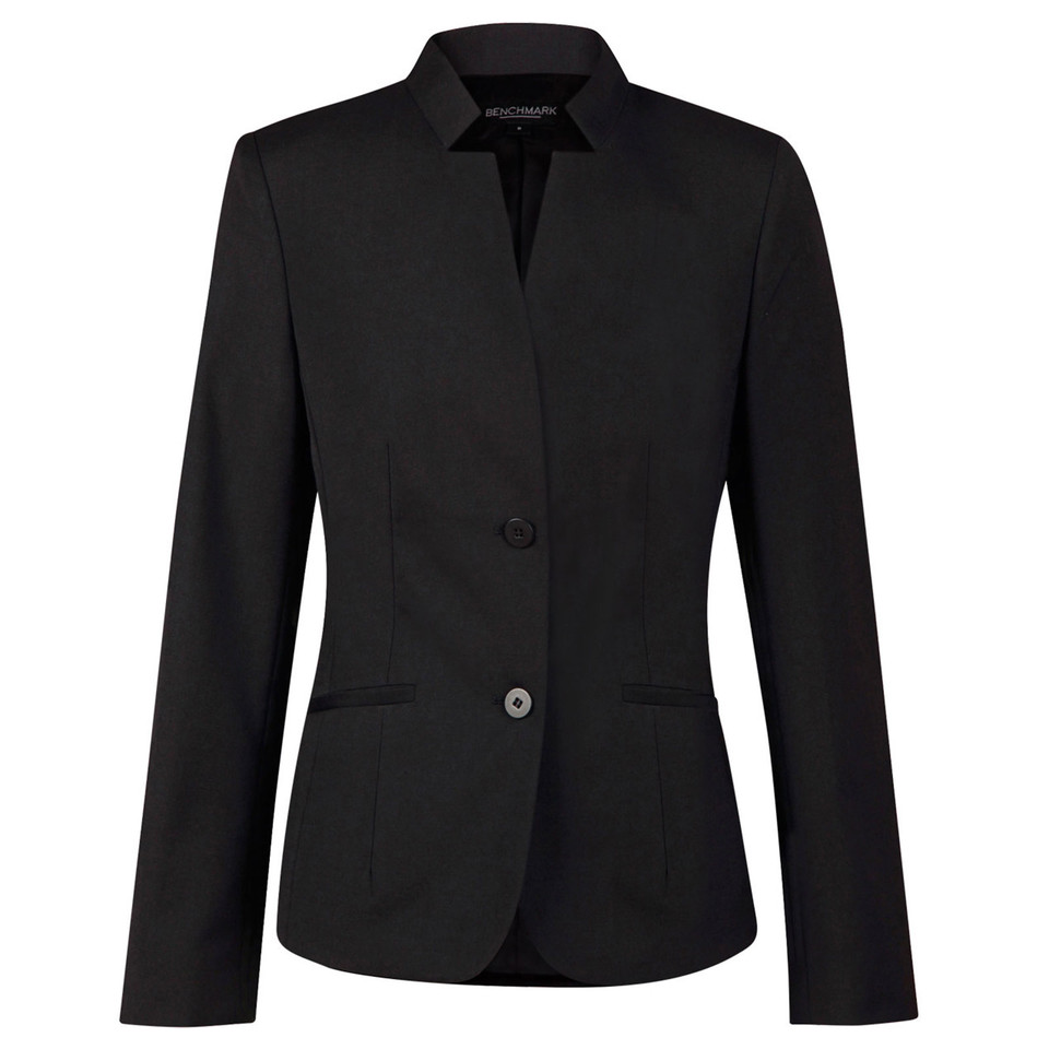 Black women's wool blend jacket with notched collar, two-button front closure and front pockets