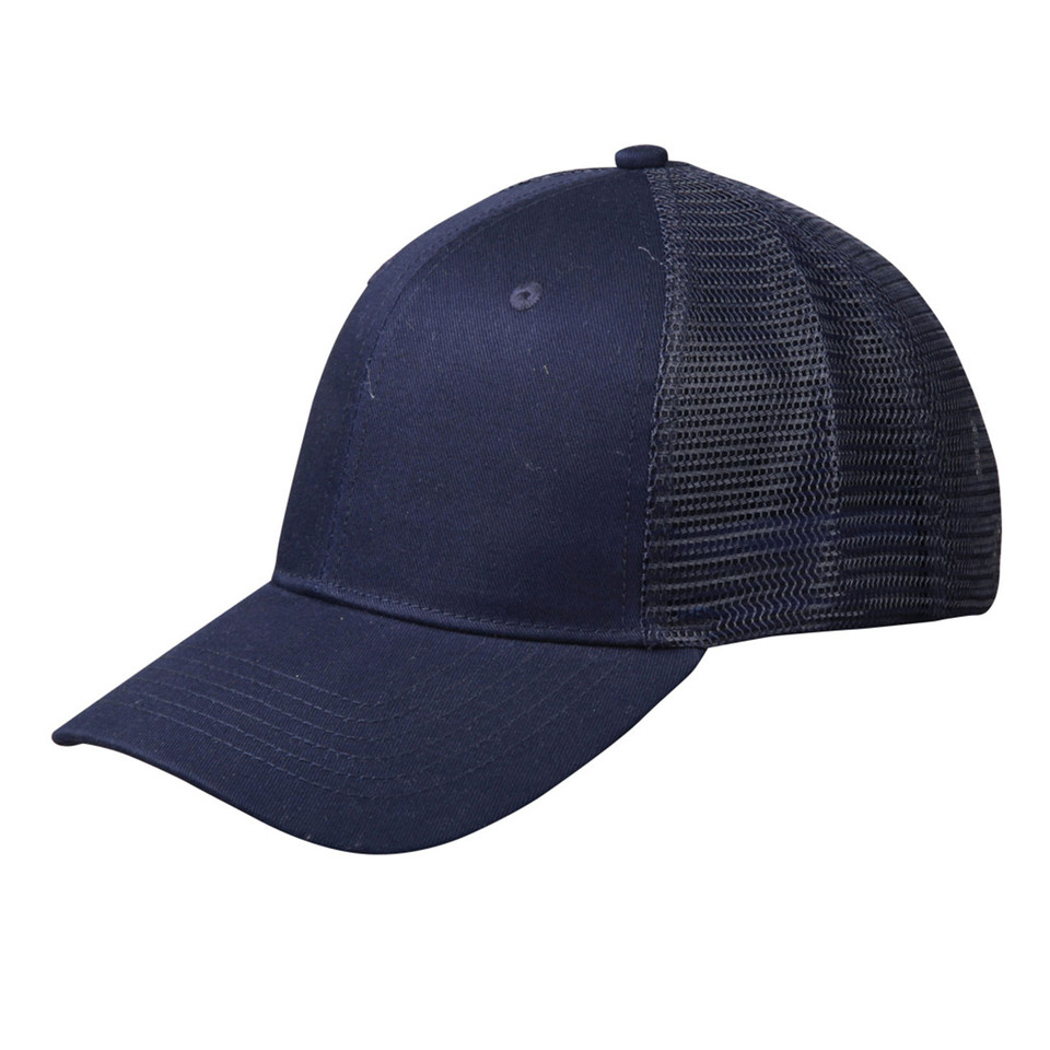 Navy blue six-panel trucker cap with structured cotton front and matching navy mesh rear panels