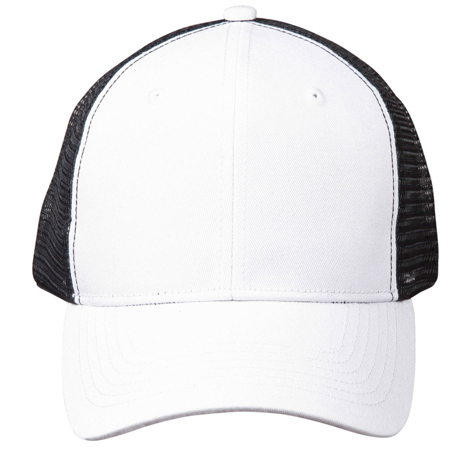 White front panel trucker cap with black mesh back and structured six-panel crown