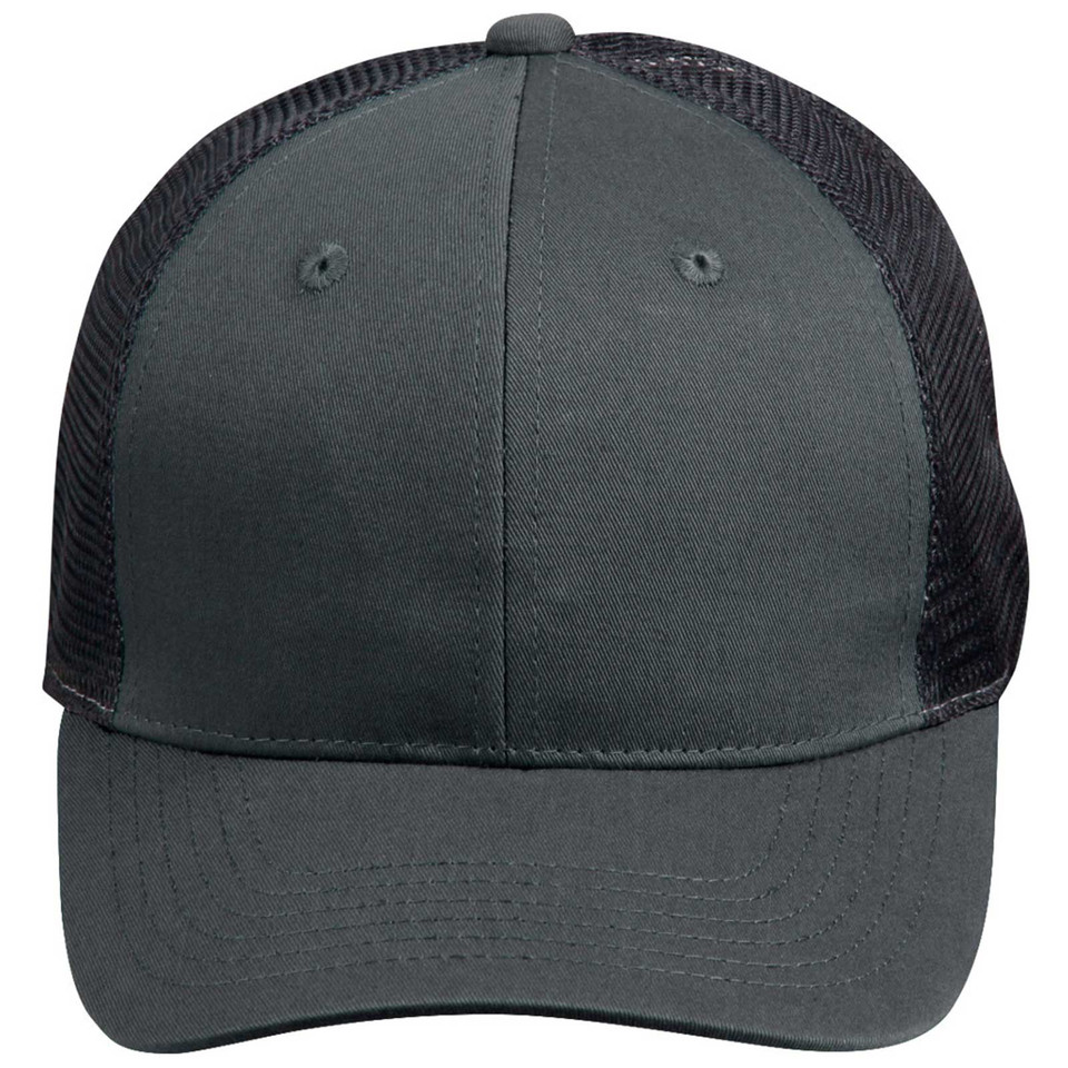Charcoal grey trucker cap with matching mesh back panels and structured cotton front