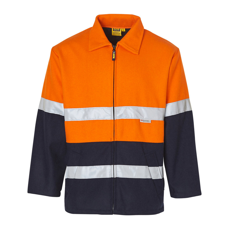 Hi-vis orange and navy wool blend jacket with reflective 3M tape and full zip closure