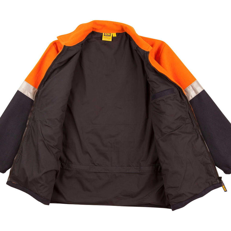 Orange and charcoal hi-vis jacket interior showing black lining with internal pockets and silver reflective tape details