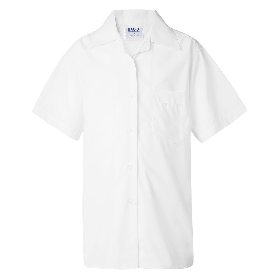 White short sleeve school shirt with collar and button front placket for girls