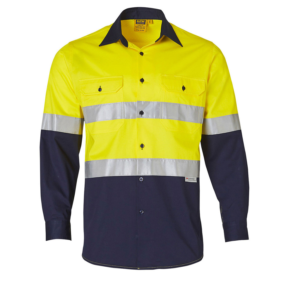 Fluro Yellow+Navy | Workwear Cotton Safety Shirt + 3M Tapes Fluro Yellow+Navy | Workwear Cotton Safety Shirt + 3M Tapes