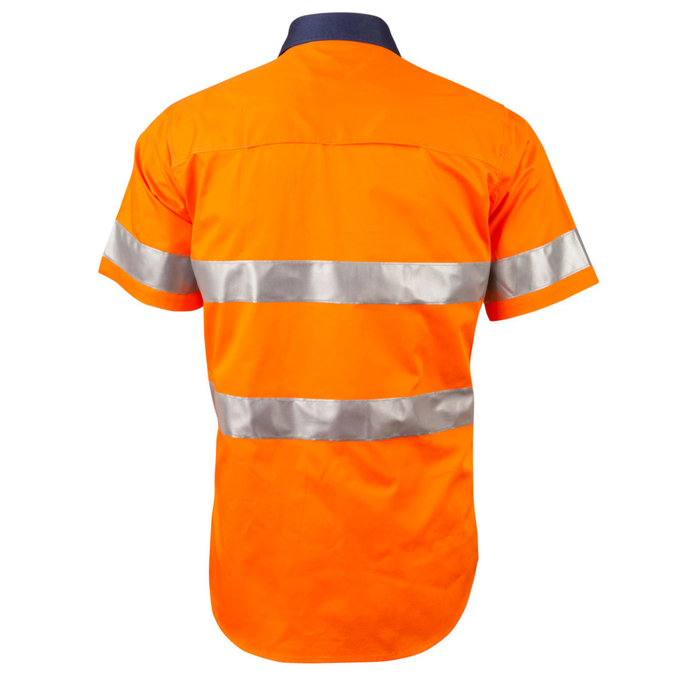 Orange ASHA Men's Cool Breeze Safety Shirt featuring 3M reflective tape, breathable mesh ventilation for air circulation, and a lightweight cotton drill fabric for high-visibility site safety.