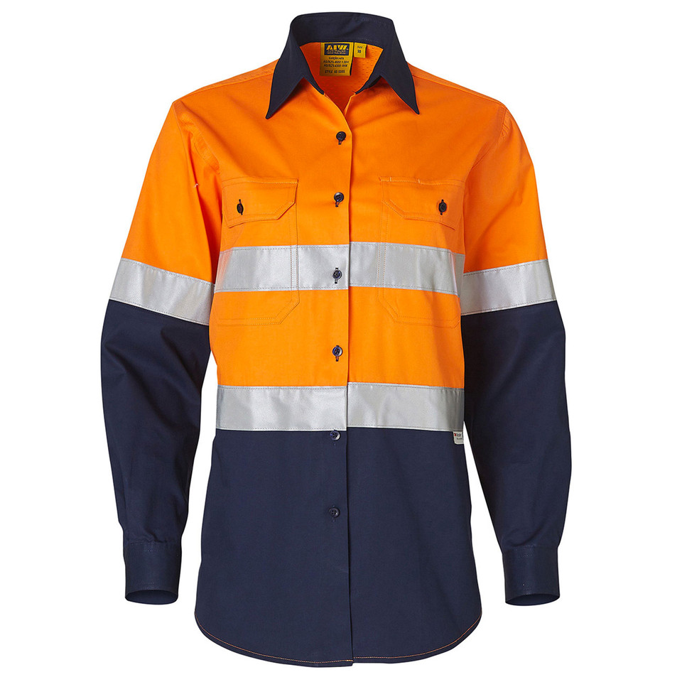 Ladies hi-vis work shirt in orange and navy with horizontal silver reflective tape and chest pockets