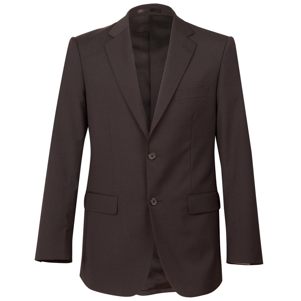 Charcoal grey wool blend blazer with notch lapels, two-button closure and front flap pockets