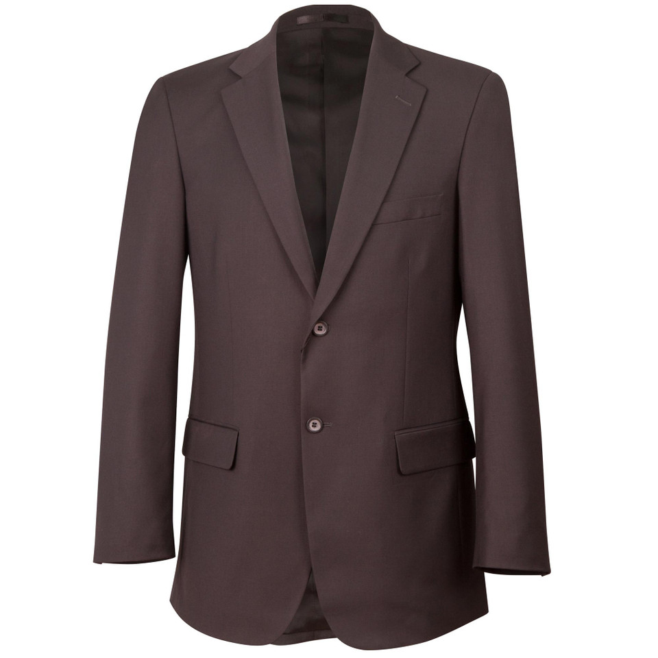 Charcoal grey wool blend blazer with notch lapels, two-button front closure, and flap pockets