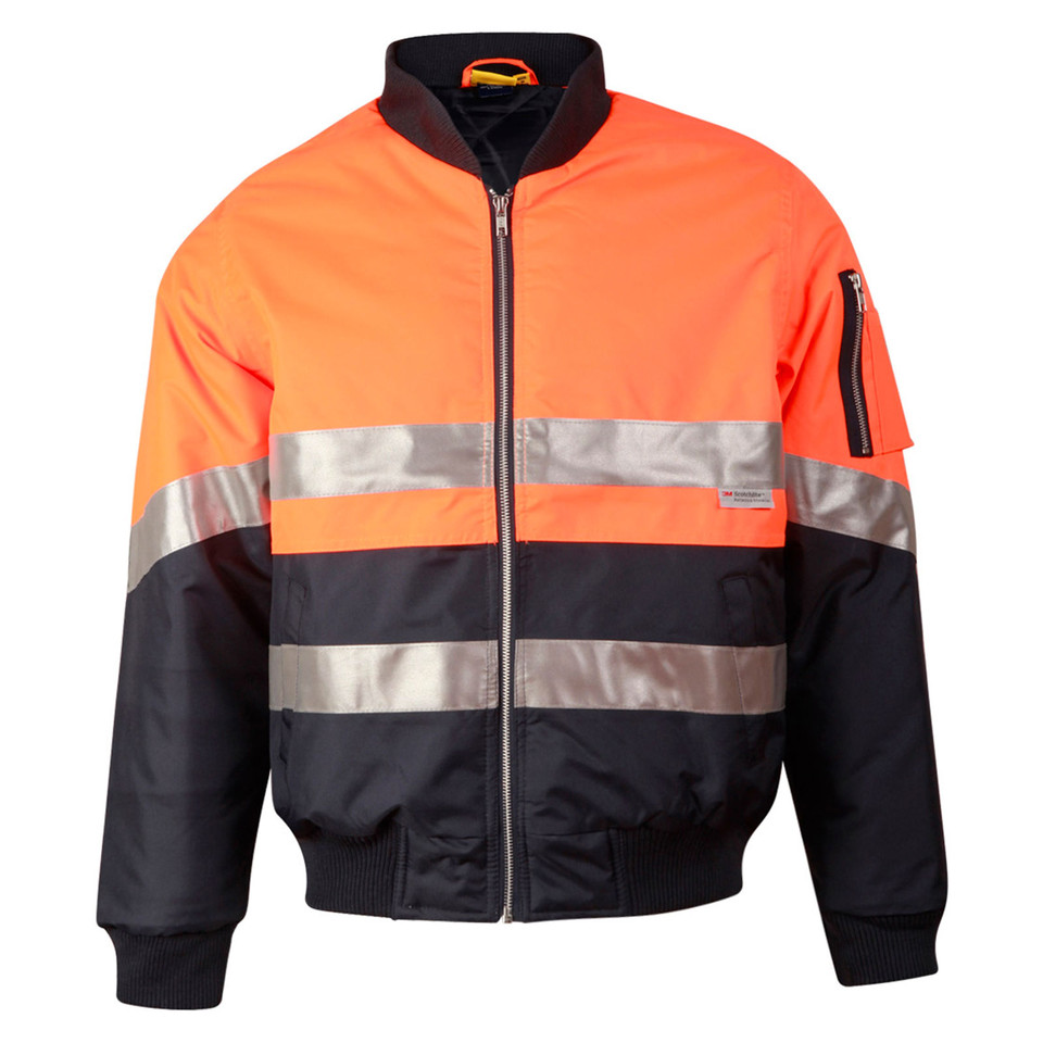Hi-vis orange and navy two-tone flying jacket with silver 3M reflective tapes, full-zip front and ribbed cuffs