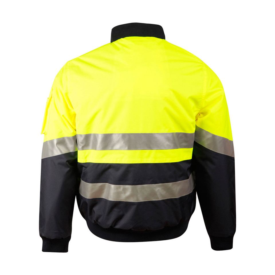 Back view of fluoro yellow and black hi-vis flying jacket with two horizontal 3M reflective tape bands