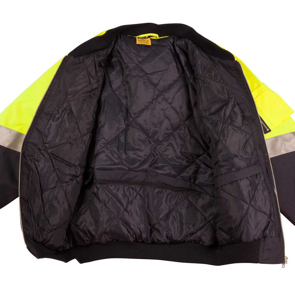 Hi-vis safety flying jacket laid open showing quilted black lining, fluorescent yellow panels and silver 3M reflective tape