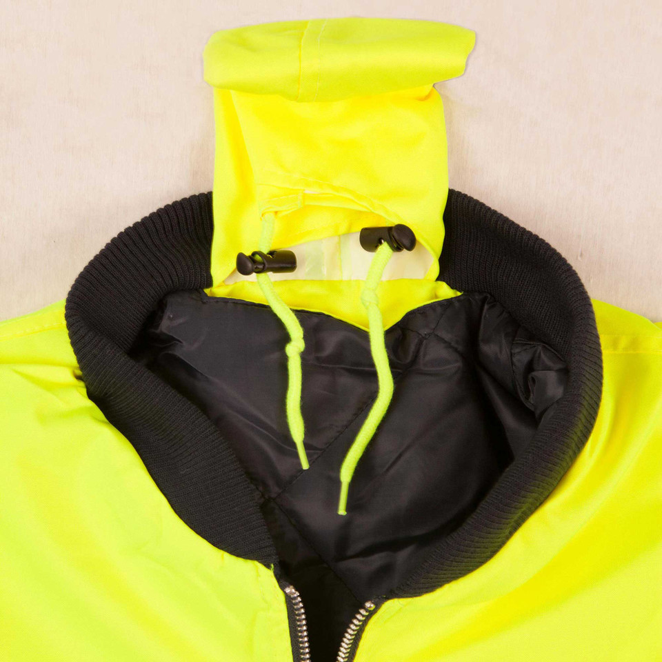 Hi-vis yellow flying jacket with black ribbed collar, zipper closure, and contrast drawstring detail