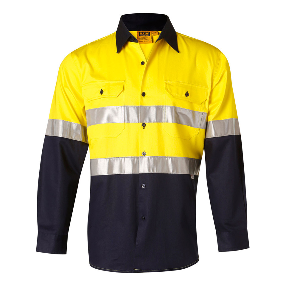 Hi-visibility safety shirt in yellow and navy with silver reflective tape and twin chest pockets with flaps