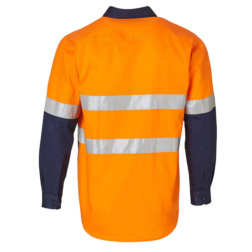 Orange+Navy MERGE Hi-Vis Safety Shirt made from heavy-duty 100% cotton drill, featuring authentic 3M reflective tape in a hoop pattern for maximum visibility on industrial worksites.