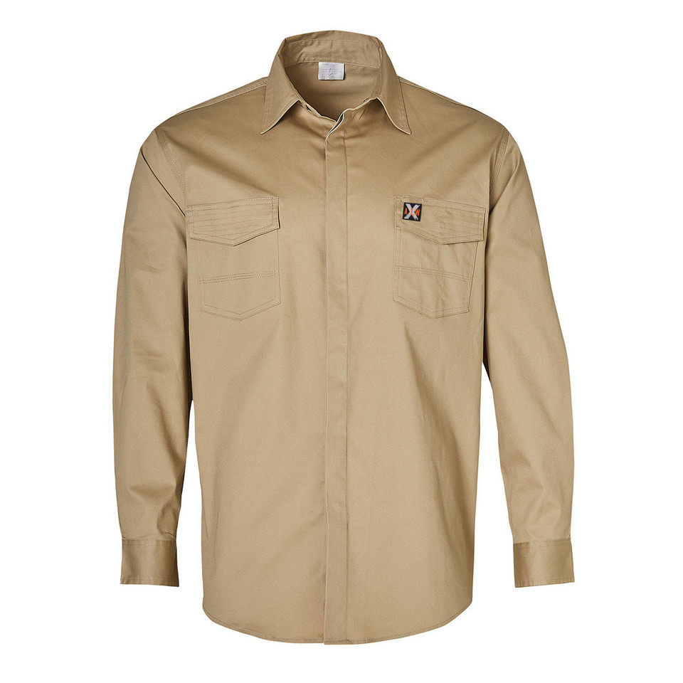 Khaki work shirt with two chest flap pockets, long sleeves and classic collar with logo badge detail