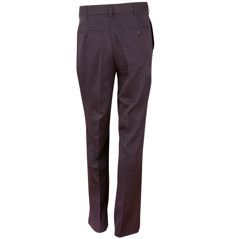 Rear view of charcoal men's flat-back suit pants with button welt pockets and pressed centre crease