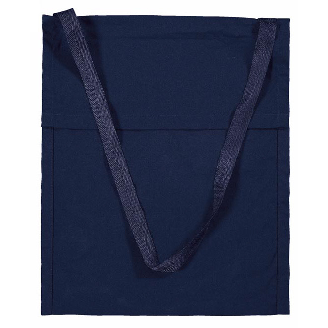 Navy canvas library bag with matching handles and front pocket flat lay view