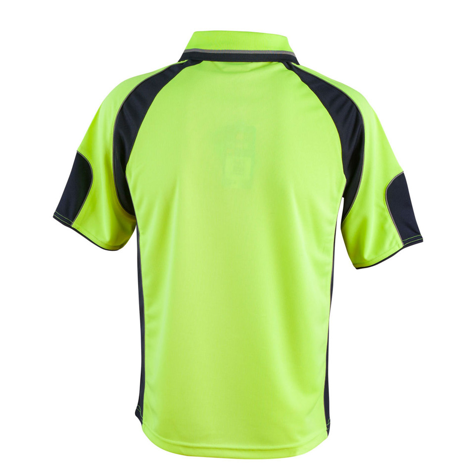 Back view of safety yellow and charcoal raglan polo with mini waffle texture and contrast side panels