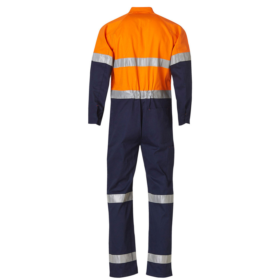 Orange and navy hi-vis coverall with silver reflective tape on torso, arms and legs, back view