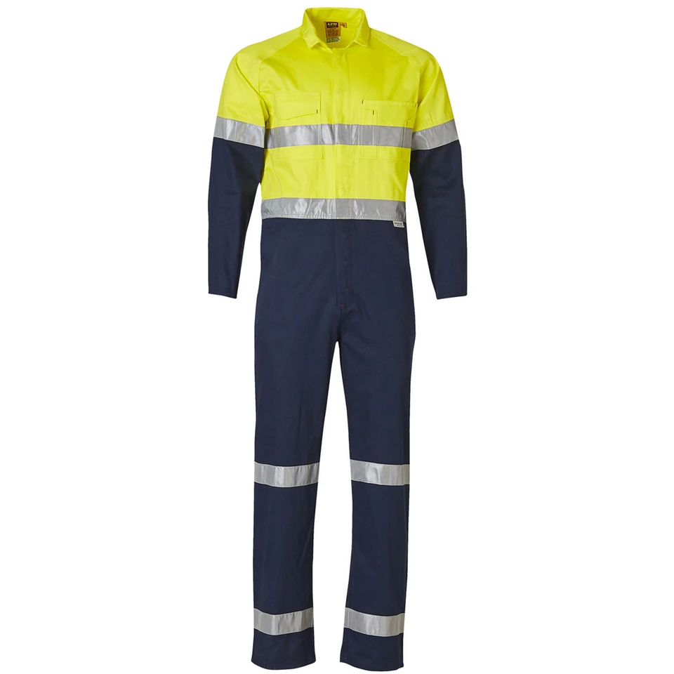 High visibility coverall with fluorescent yellow upper body and navy lower, featuring silver reflective tape at chest and legs