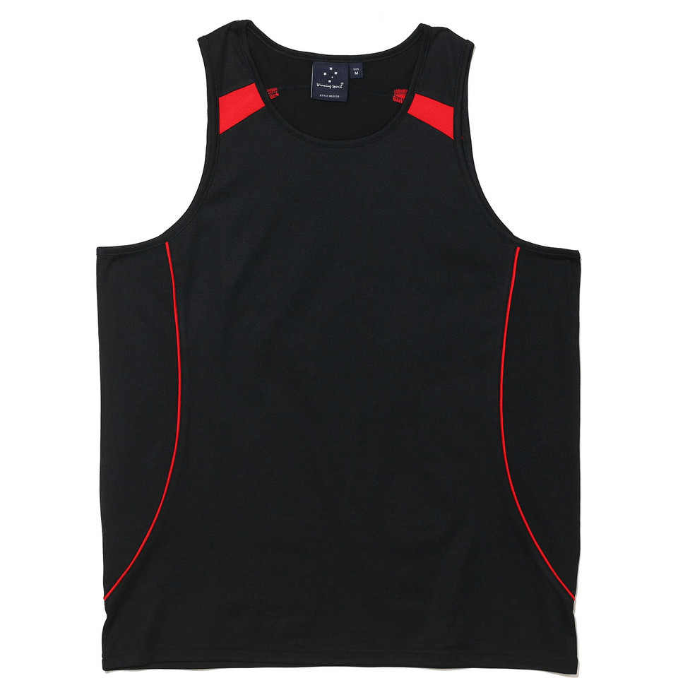 Black TrueDry sport singlet with red contrast piping along sides and red shoulder panel accents